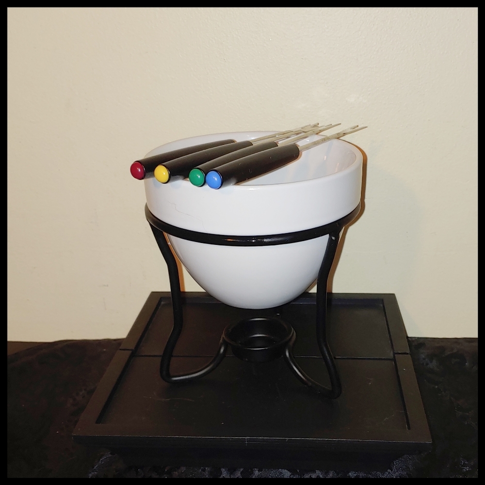 Dessert Fondue Set -- White Ceramic Bowl, Black Metal Stand w/ 4 Forks
